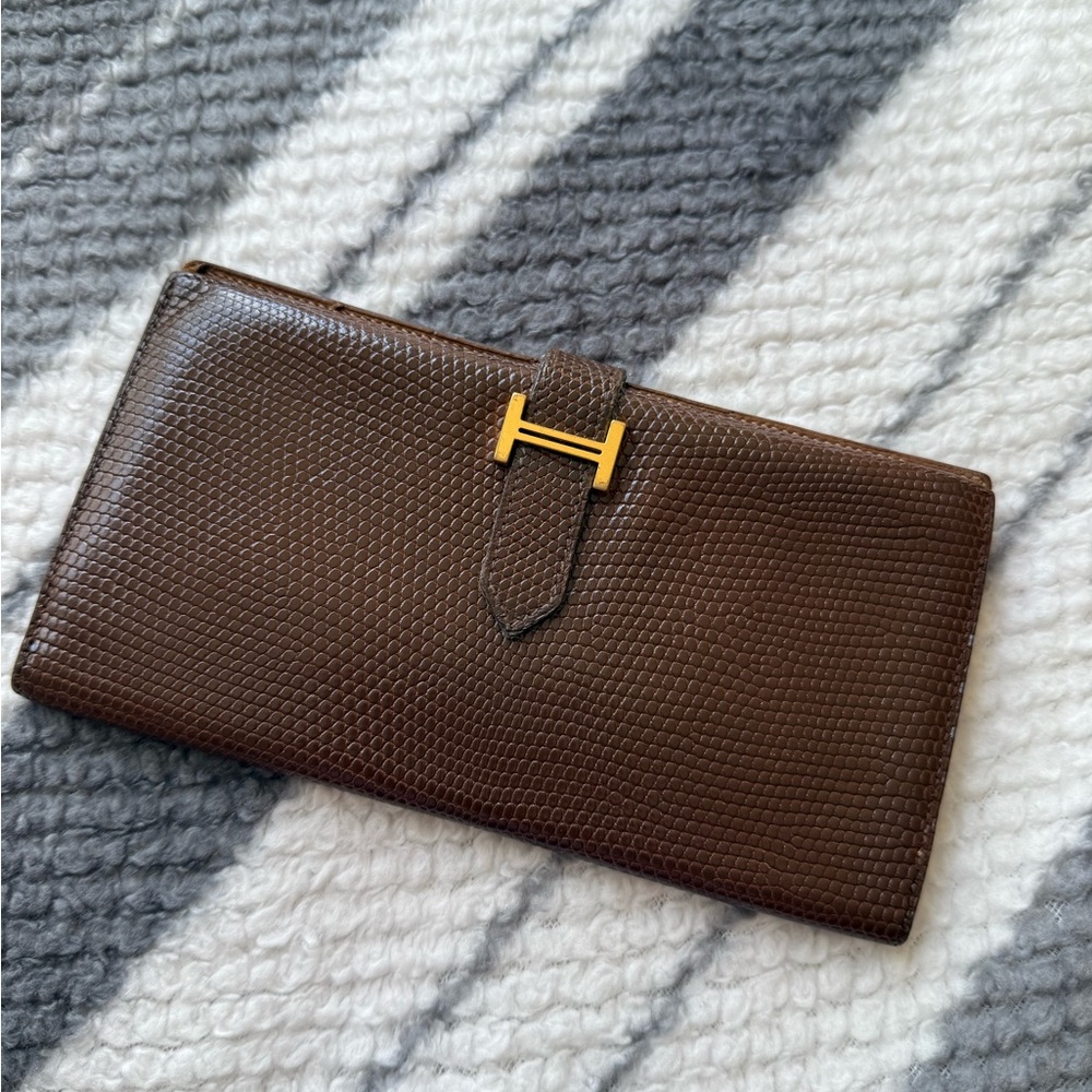 Hermes Brown lizard bearn long wallet